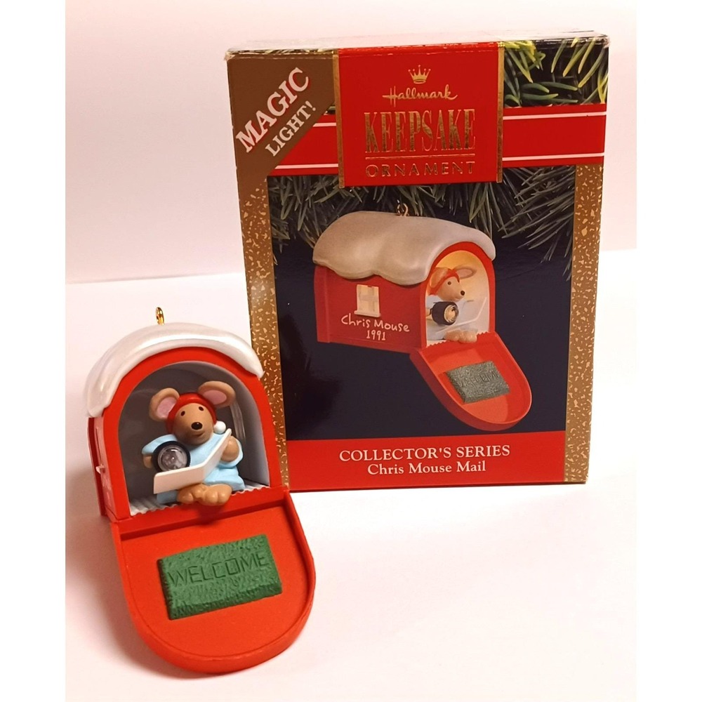 1991 Hallmark Keepsake Chris Mouse Mail Magic Light Christmas Ornament w/ Box‎